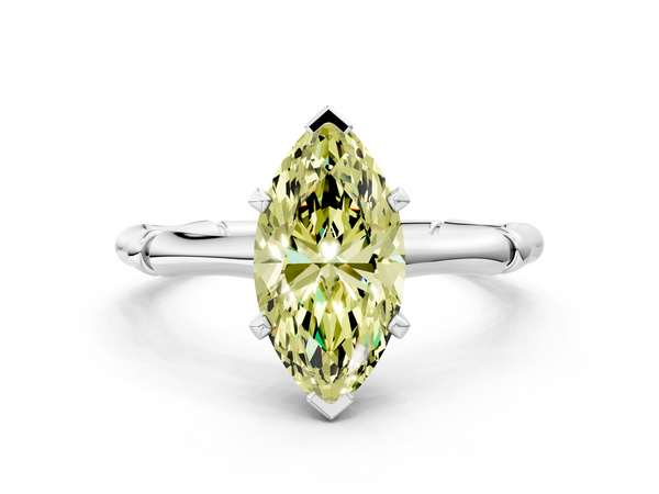 Platinum Fancy Yellow Marquise  Solitaire Diamond Ring with Bamboo Band and Four-Prong Setting