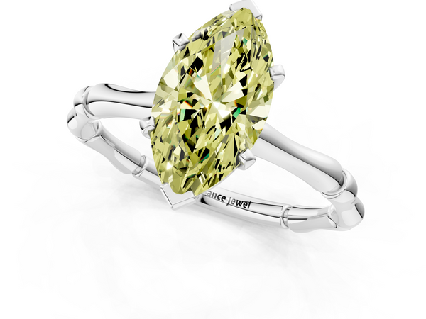 Platinum Fancy Yellow Marquise  Solitaire Diamond Ring with Bamboo Band and Four-Prong Setting