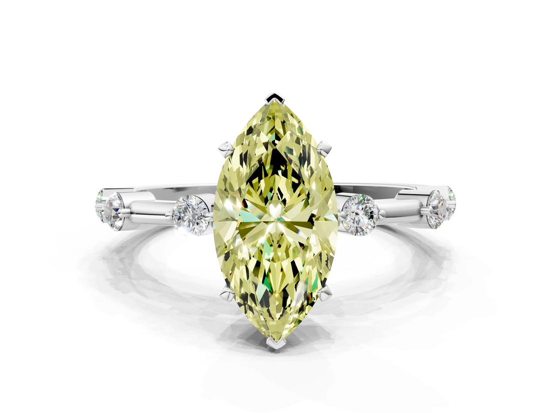 White gold Fancy Yellow Marquise  Solitaire Diamond Ring with Bezel Set Side Stones and Prong Setting