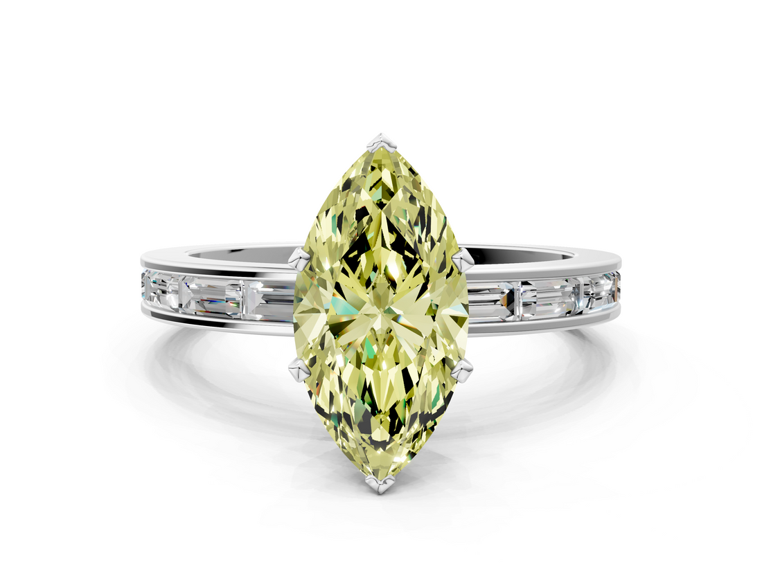 White gold Fancy Yellow Marquise  Solitaire Diamond Ring with Channel-Set Baguette Band and Four-Prong Setting