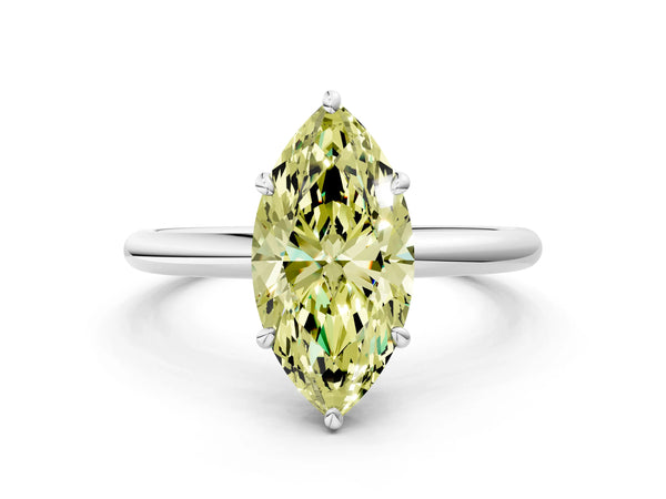 Platinum Fancy Yellow Marquise  Solitaire Diamond Ring with Four-Prong Setting on a Plain Band