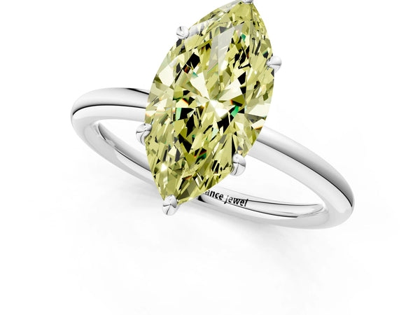 Platinum Fancy Yellow Marquise  Solitaire Diamond Ring with Four-Prong Setting on a Plain Band