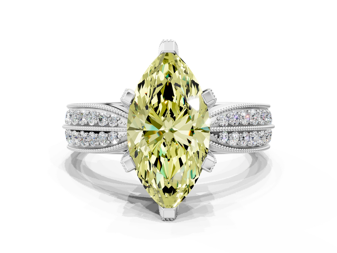 White gold Fancy Yellow Marquise  Solitaire Diamond Ring with Milgrain Pavé Band and Four-Prong Setting_20