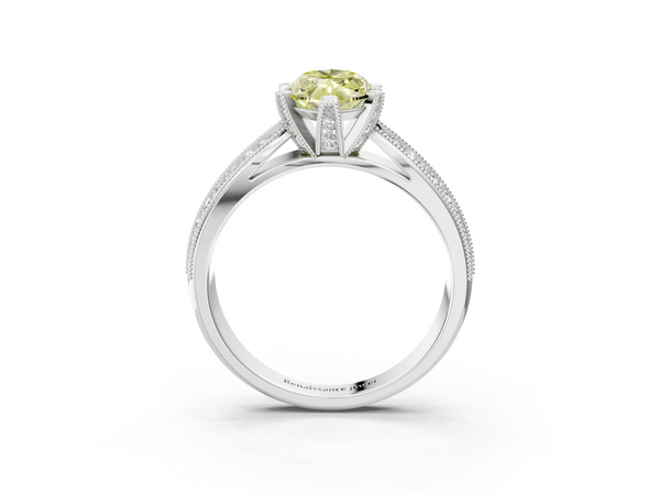Platinum Fancy Yellow Marquise  Solitaire Diamond Ring with Milgrain Pavé Band and Four-Prong Setting