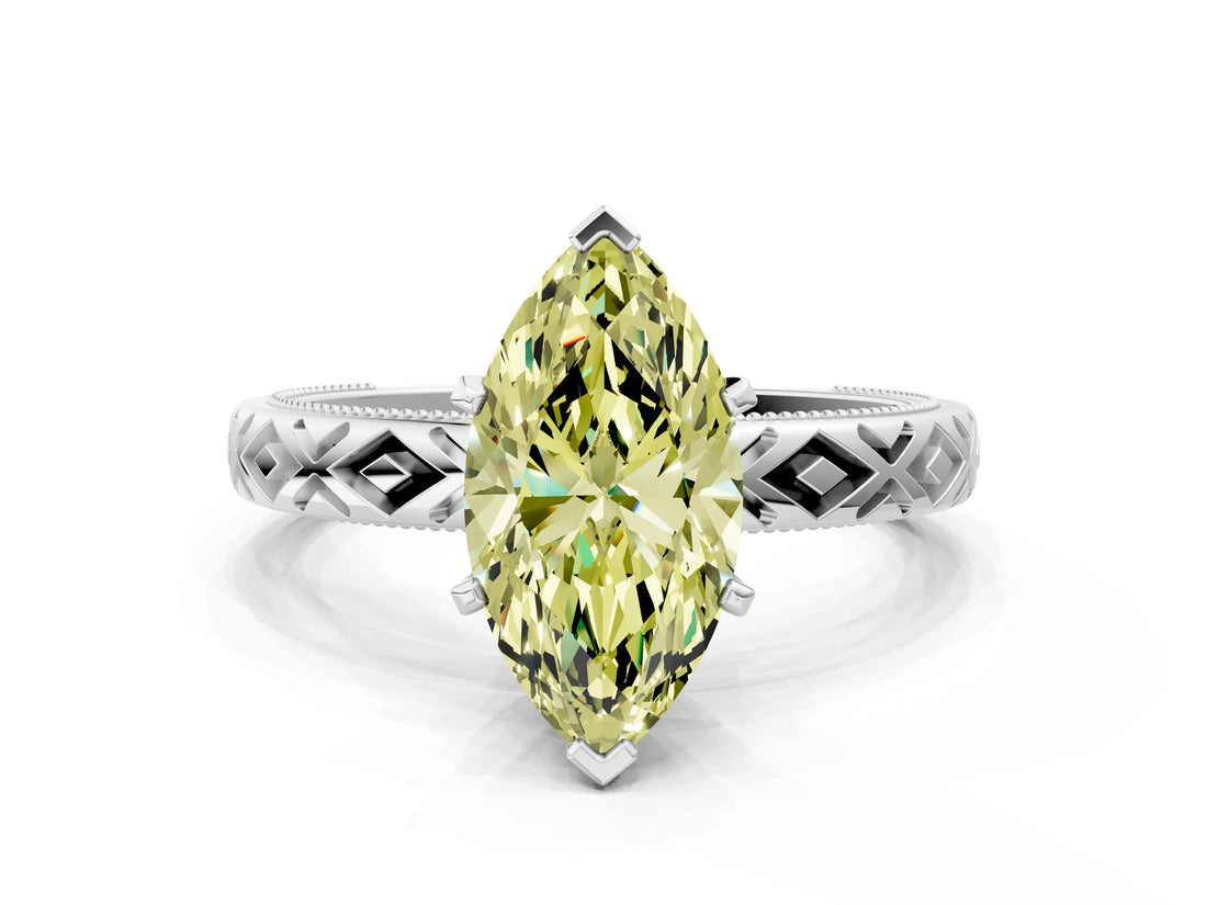 White gold Fancy Yellow Marquise  Solitaire Diamond Ring with Milgrain and Black Enamel X Pattern Band_50