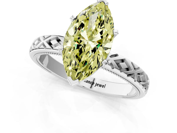 Platinum Fancy Yellow Marquise  Solitaire Diamond Ring with Milgrain and Black Enamel X Pattern Band