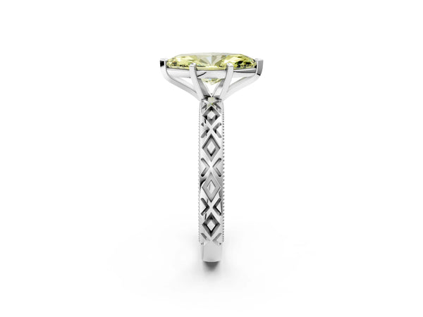 Platinum Fancy Yellow Marquise  Solitaire Diamond Ring with Milgrain and Black Enamel X Pattern Band