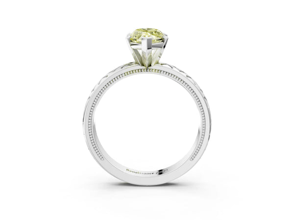 Platinum Fancy Yellow Marquise  Solitaire Diamond Ring with Milgrain and Black Enamel X Pattern Band