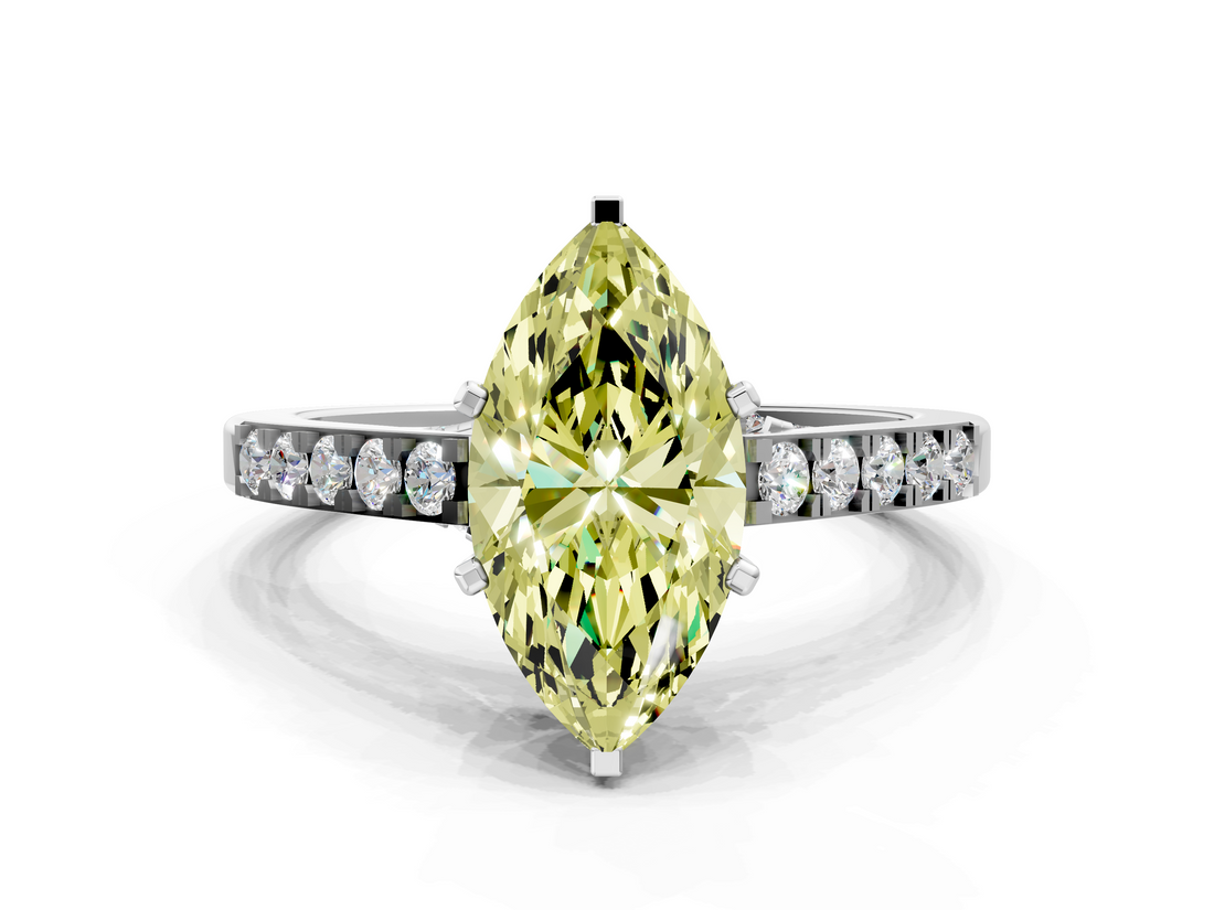 White gold Fancy Yellow Marquise  Solitaire Diamond Ring with Pavé Band and Four-Prong Setting