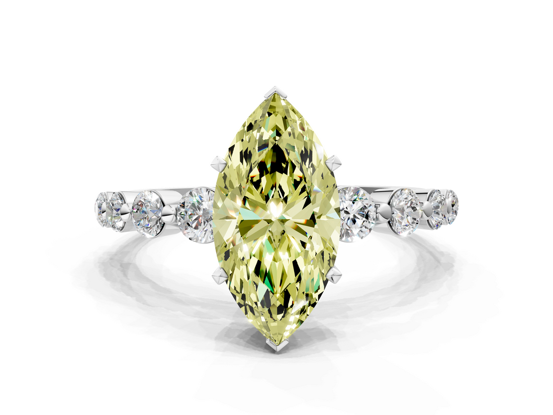 White gold Fancy Yellow Marquise  Solitaire Diamond Ring with Pave Band and Four-Prong Setting