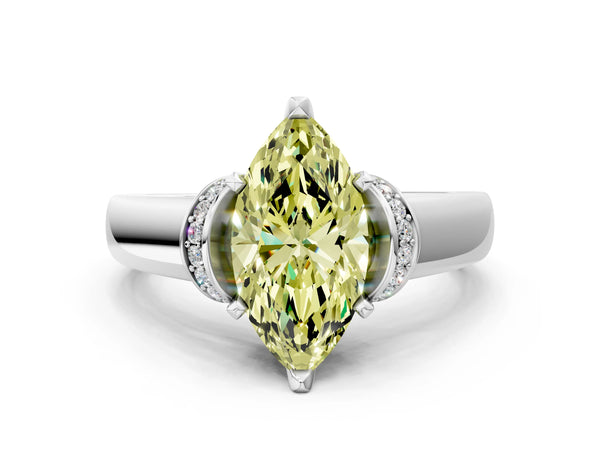 White gold Fancy Yellow Marquise  Solitaire Diamond Ring with Pave Band and Six-Prong Setting