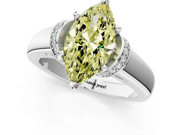 White gold Fancy Yellow Marquise  Solitaire Diamond Ring with Pave Band and Six-Prong Setting