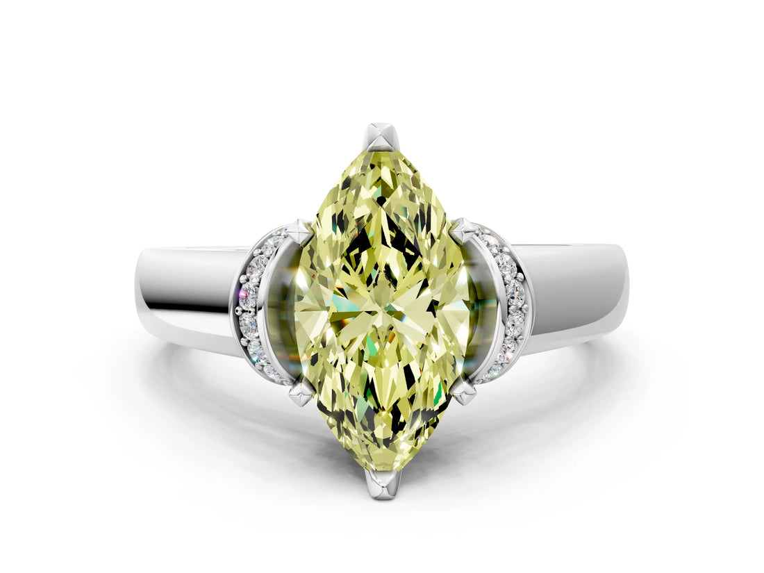 White gold Fancy Yellow Marquise  Solitaire Diamond Ring with Pave Band and Six-Prong Setting_94