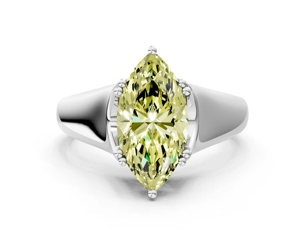 Platinum Fancy Yellow Marquise Cut Diamond Solitaire Ring with Wide Band and Prong Setting