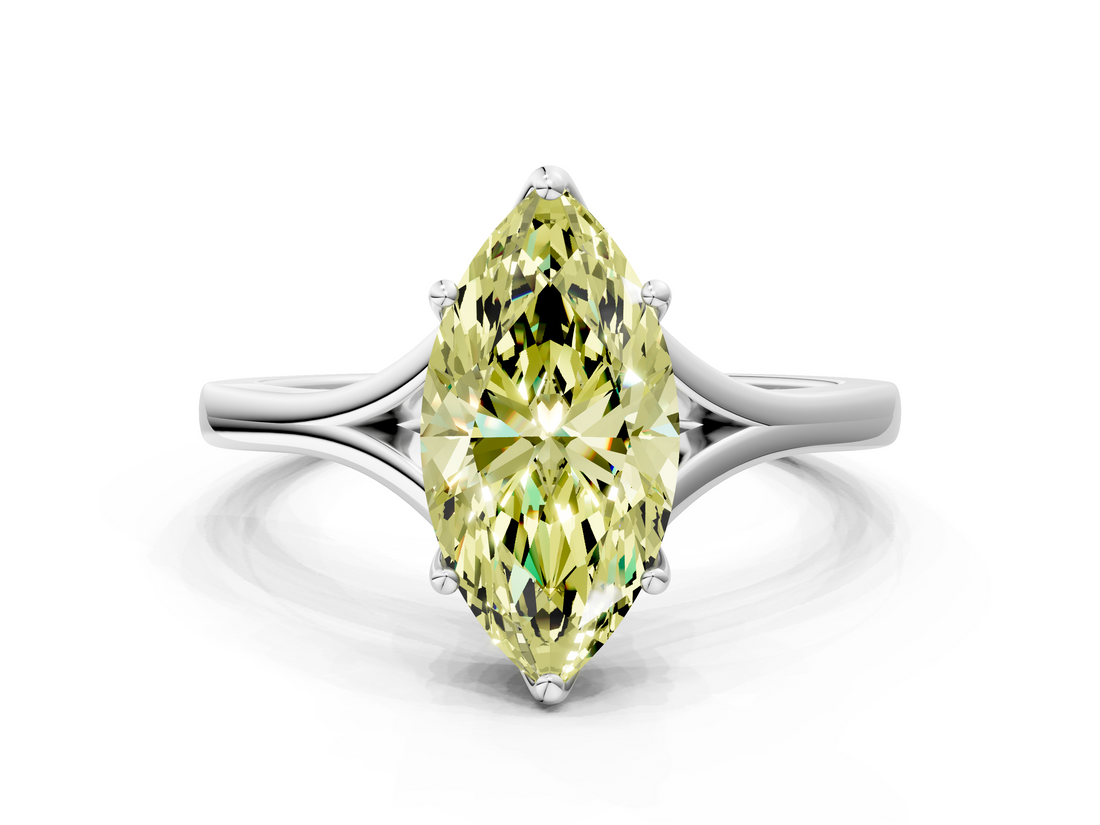 White gold Fancy Yellow Marquise  Solitaire Diamond Ring with Six-Prong Setting and Tapered Band