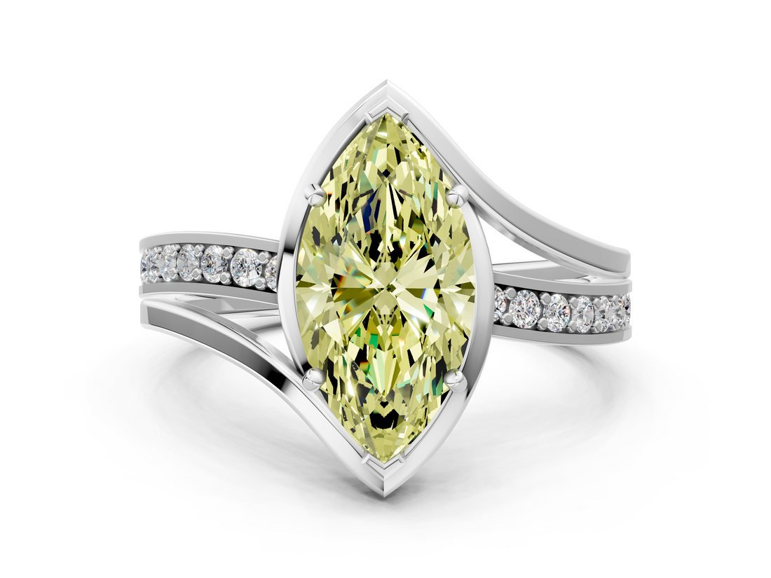 White gold Fancy Yellow Marquise  Solitaire Diamond Ring with Split Shank and Prong Setting_17