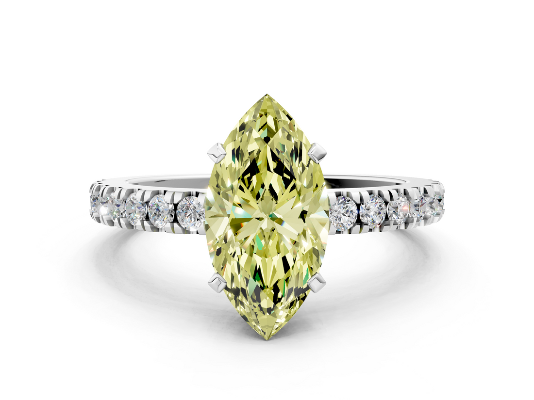 White gold Fancy Yellow Marquise  Solitaire Diamond with Pavé Band and Four-Prong Setting