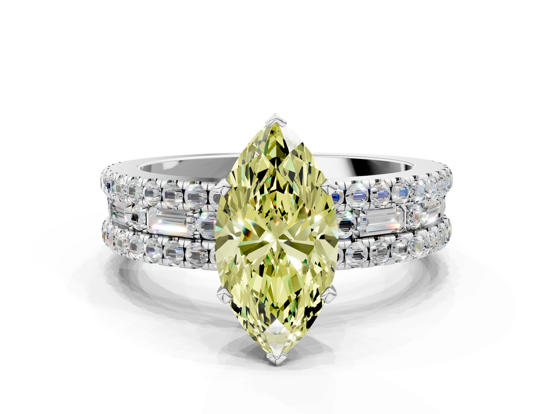 White gold Fancy Yellow Marquise  Solitaire Diamond with Pave and Channel Set Band
