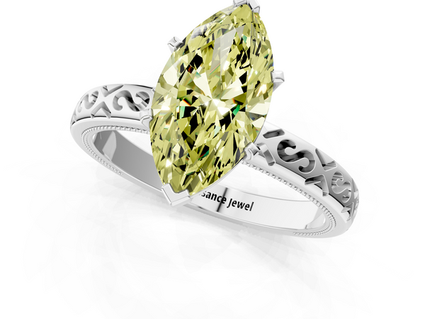 Platinum Fancy Yellow Marquise  Solitaire Engagement Ring with Scrollwork Band and Four-Prong Setting