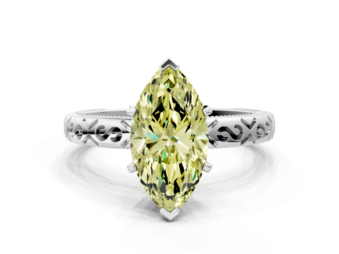 White gold Fancy Yellow Marquise  Solitaire Engagement Ring with Scrollwork Band and Four-Prong Setting