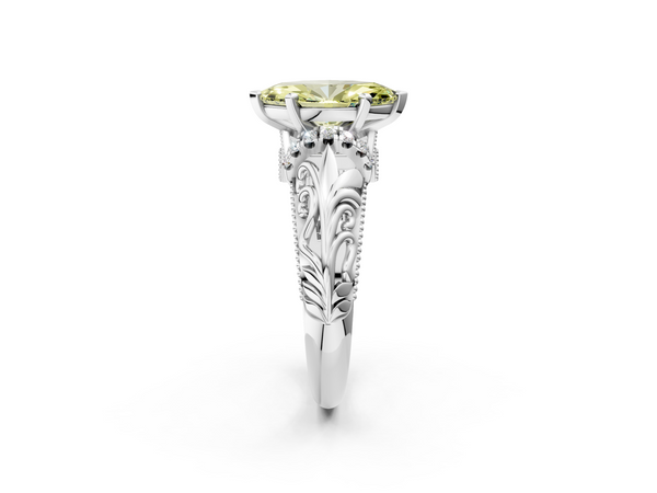 White gold Fancy Yellow Marquise  Solitaire Filigree Engagement Ring with Halo and Prong Setting