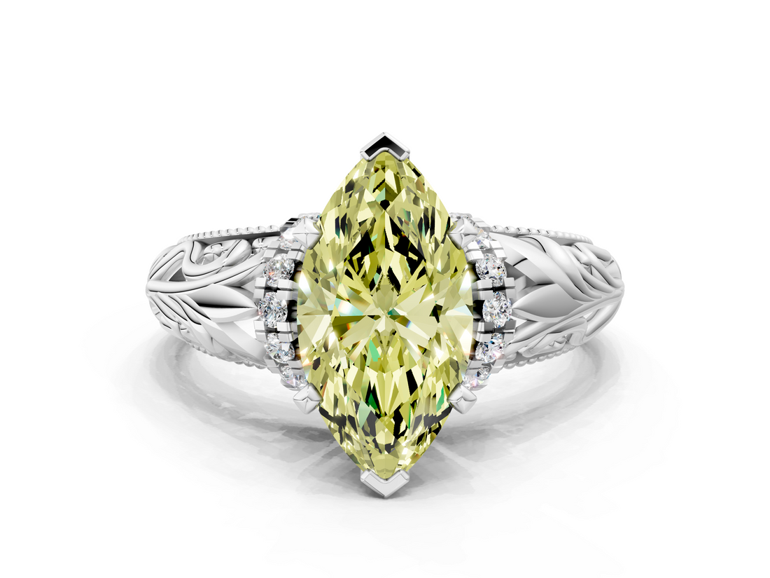 White gold Fancy Yellow Marquise  Solitaire Filigree Engagement Ring with Halo and Prong Setting