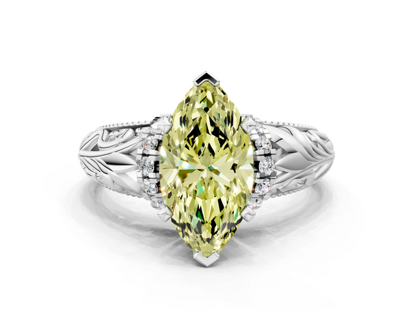 White gold Fancy Yellow Marquise  Solitaire Filigree Engagement Ring with Halo and Prong Setting