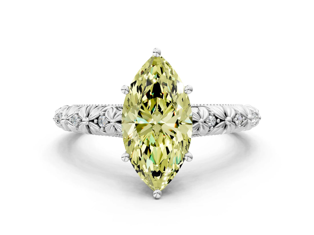 White gold Fancy Yellow Marquise  Solitaire Floral Milgrain Engagement Ring_31