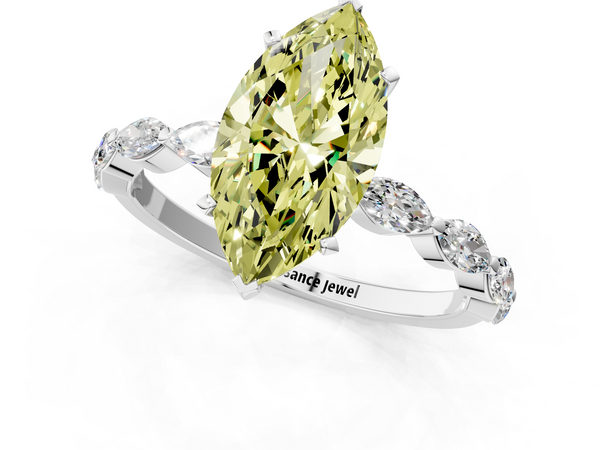 White gold Fancy Yellow Marquise Cut Diamond Ring with Marquise Side Stones and Prong Setting
