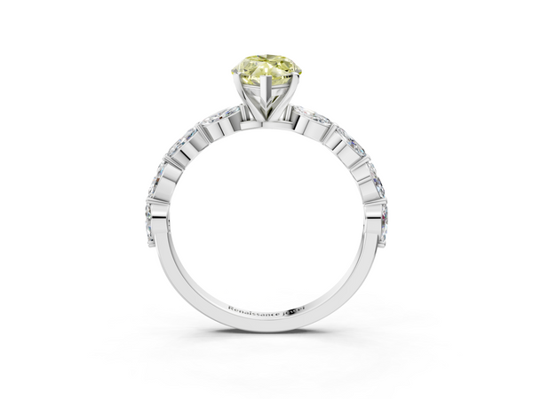 White gold Fancy Yellow Marquise Cut Diamond Ring with Marquise Side Stones and Prong Setting