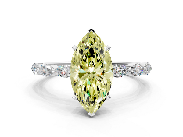 White gold Fancy Yellow Marquise Cut Diamond Ring with Marquise Side Stones and Prong Setting