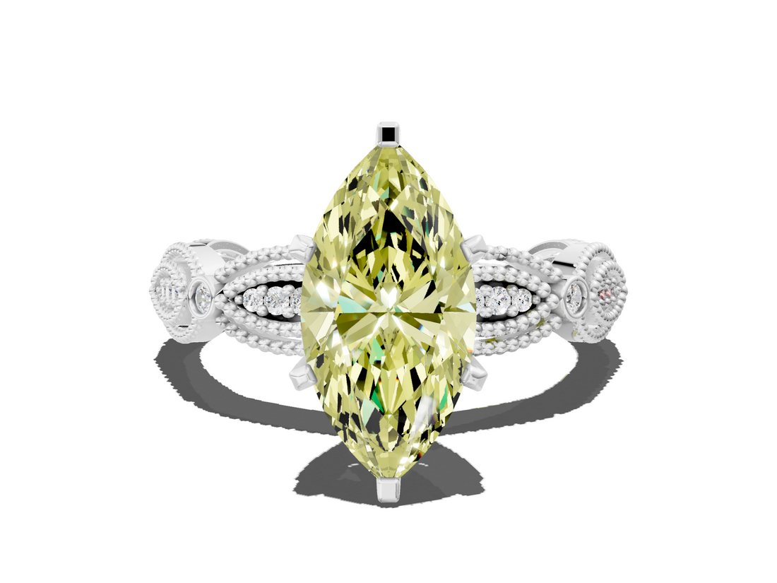 White gold Fancy Yellow Marquise  Solitaire Milgrain Diamond Engagement Ring with Bezel and Marquise Band