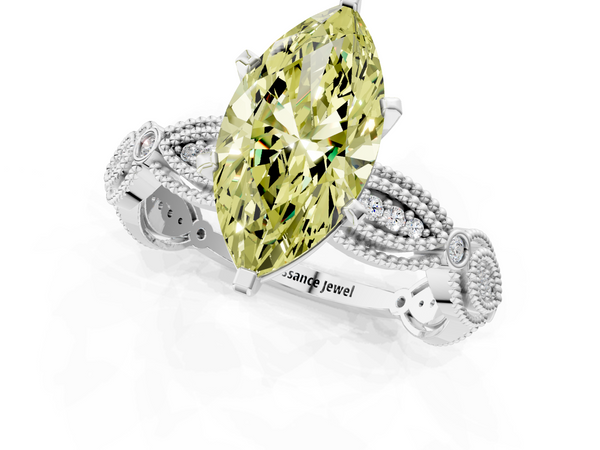 White gold Fancy Yellow Marquise  Solitaire Milgrain Diamond Engagement Ring with Bezel and Marquise Band