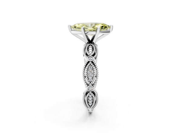 White gold Fancy Yellow Marquise  Solitaire Milgrain Diamond Engagement Ring with Bezel and Marquise Band