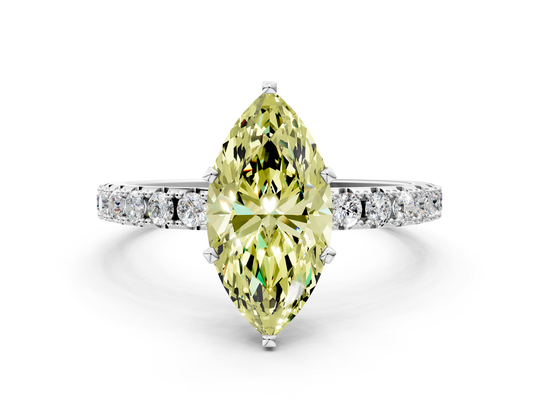 White gold Fancy Yellow Marquise  Solitaire Pavé Band with Four-Prong Setting