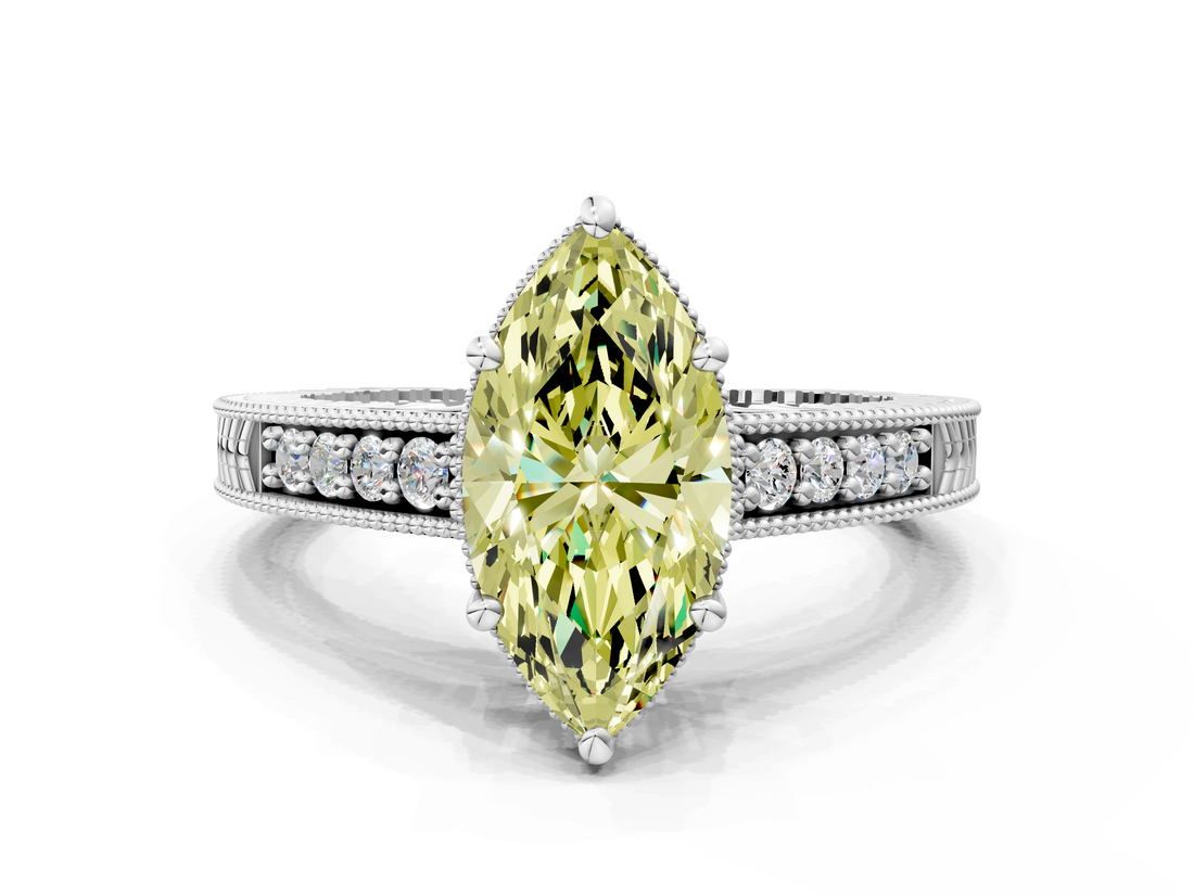 White gold Fancy Yellow Marquise  Solitaire Pavé Diamond Milgrain Engagement Ring with Four-Prong Setting