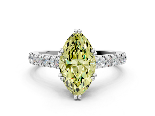 Platinum Fancy Yellow Marquise  Solitaire Pave Diamond Engagement Ring with Prong Setting