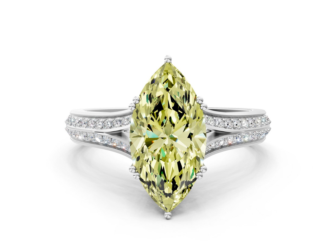 White gold Fancy Yellow Marquise  Solitaire Pave Split Shank Engagement Ring with Six-Prong Setting