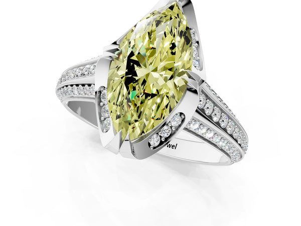 Platinum Fancy Yellow Marquise  Solitaire Pave Split Shank Ring with Four-Prong Setting