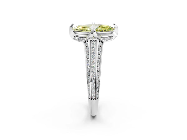 Platinum Fancy Yellow Marquise  Solitaire Pave Split Shank Ring with Four-Prong Setting