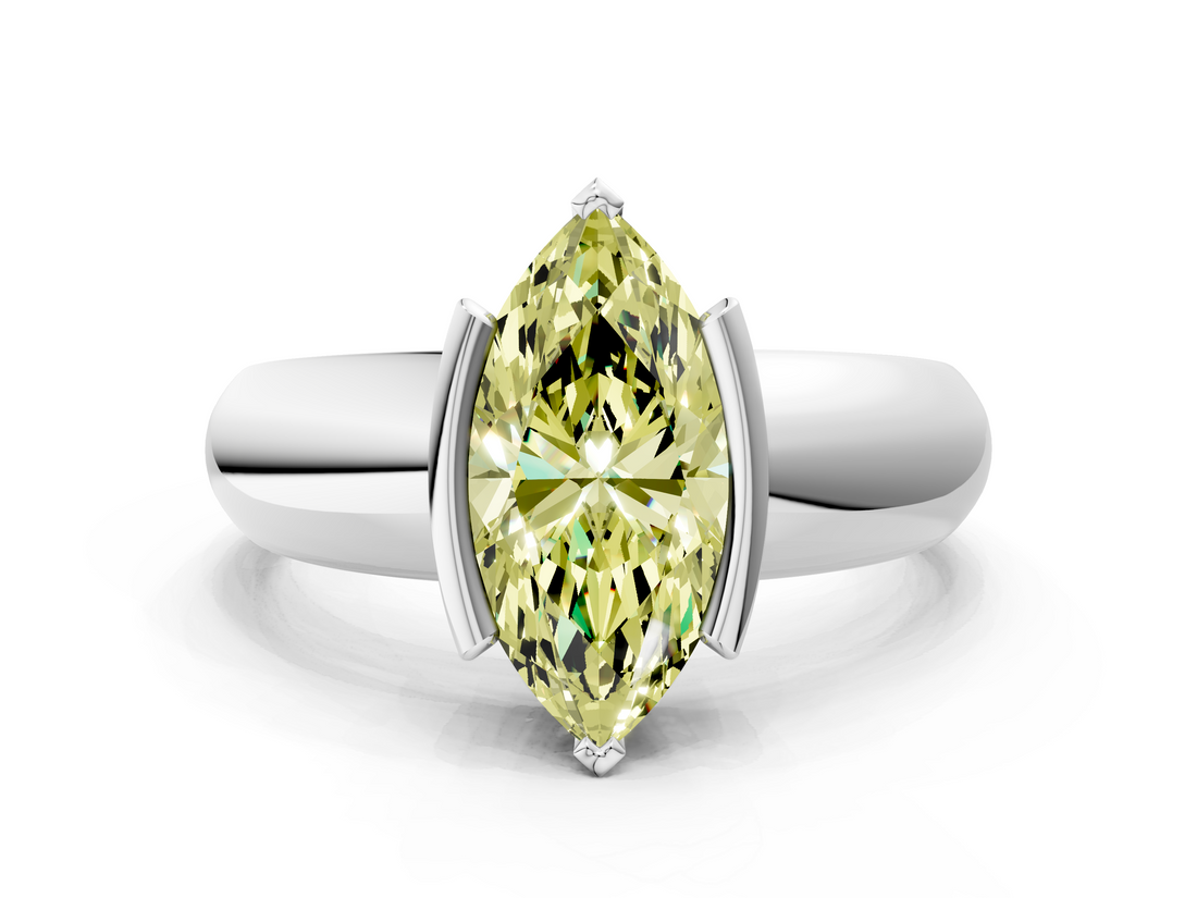 White gold Fancy Yellow Marquise  Solitaire Tension Set Diamond Ring with Wide Band