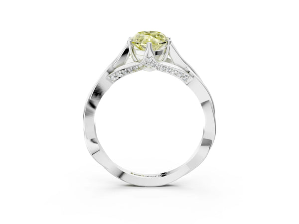 White Gold Marquise Twisted Solitaire Engagement Ring Setting for Fancy Yellow Center with Pave Shoulders and Gallery