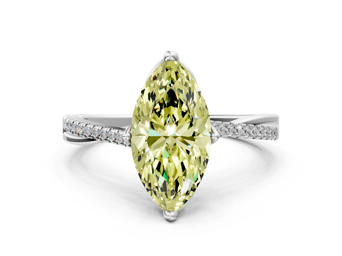 White gold Fancy Yellow Marquise  Solitaire Twist Band with Pavé Diamonds and Four-Prong Setting_58
