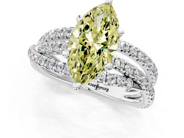 White gold Fancy Yellow Marquise  Solitaire Twist Band with Pavé Setting and Four-Prong Setting