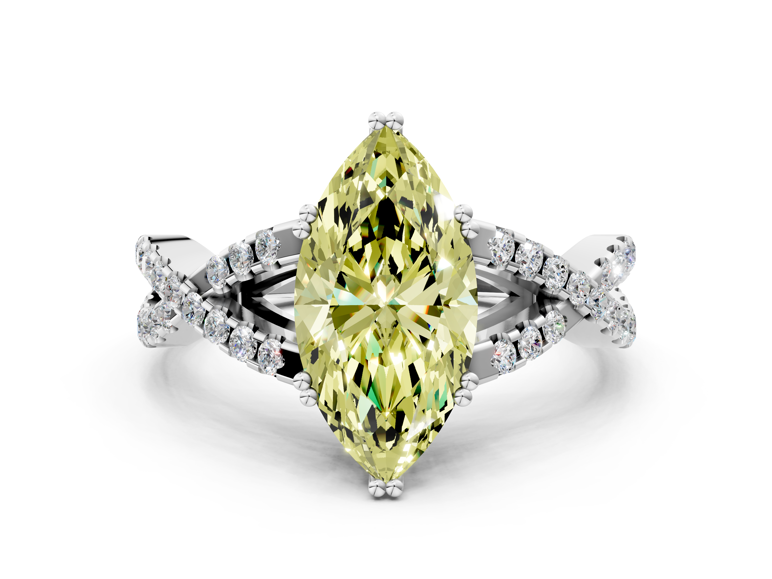 White gold Fancy Yellow Marquise  Solitaire Twist Band with Pavé Setting and Four-Prong Setting