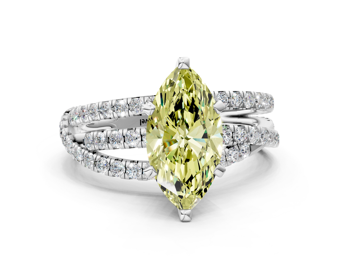 White gold Fancy Yellow Marquise  Solitaire Twist Band with Pavé Setting and Four-Prong Setting