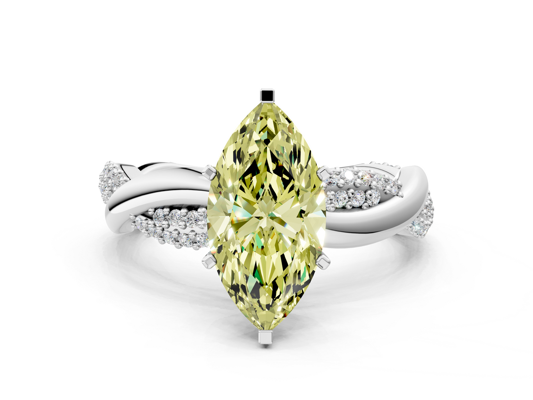 White gold Fancy Yellow Marquise  Solitaire Twist Band with Pave Prong Setting