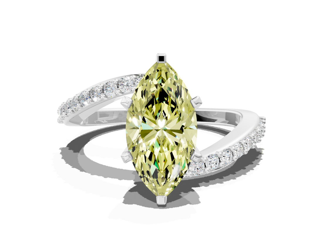 White gold Fancy Yellow Marquise  Solitaire Twist Band with Pave Set Diamonds and Four-Prong Setting