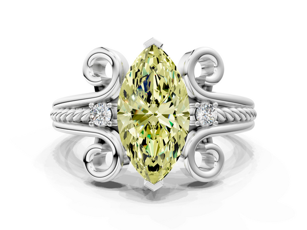 White gold Fancy Yellow Marquise  Solitaire Twisted Band Scroll Prong Ring