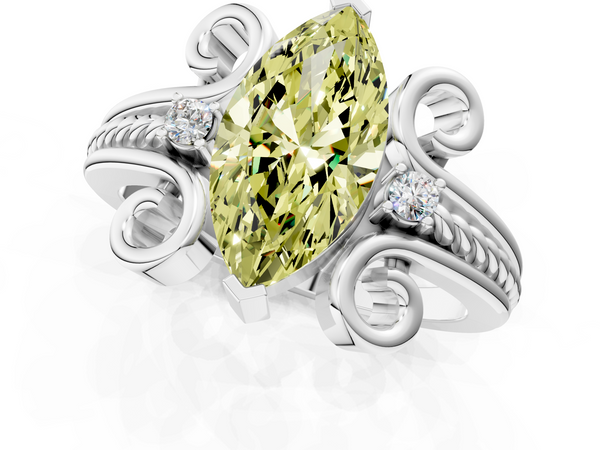 White gold Fancy Yellow Marquise  Solitaire Twisted Band Scroll Prong Ring